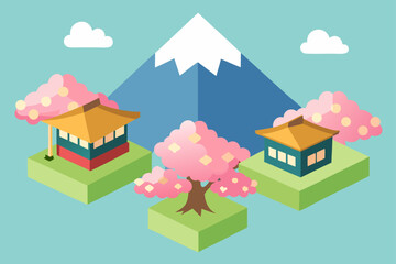 Cartoon vector illustration of a charming village cottage with a flower-filled garden, ideal for residential real estate and town planning designs