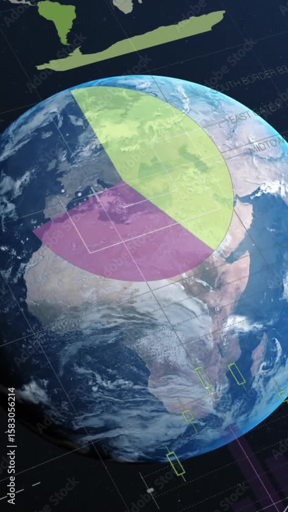 Poster animation of multicolored infographic interface over rotating globe against space