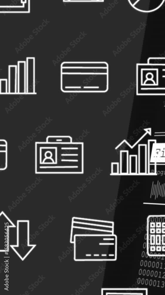 Poster animation of interface with multiple digital icons and data processing against black background