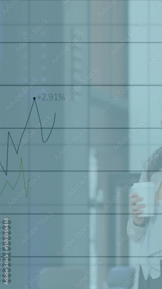 Poster animation of statistical data processing over diverse businesspeople discussing together at office