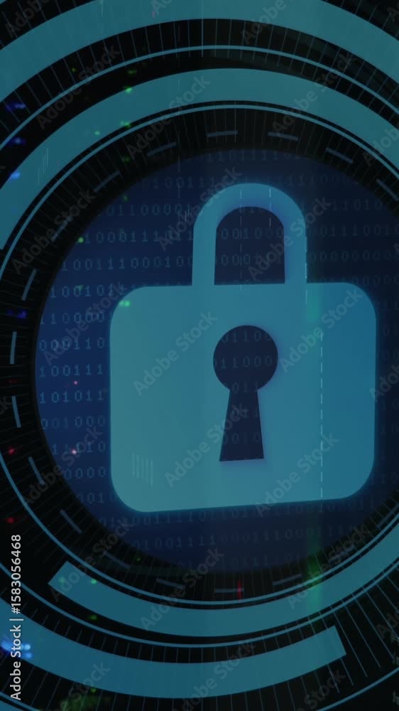 Poster animation of security padlock icon on round scanner and binary coding against computer server room