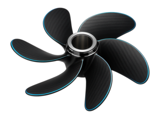 Composite boat pulling propeller with five curved blades and a central hub