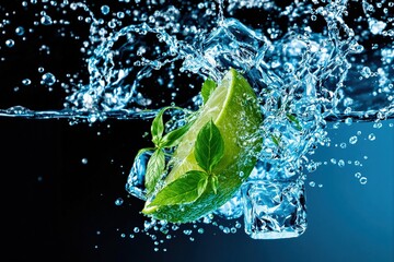 Vibrant lime wedge and fresh mint leaves splashing into cool water with ice cubes, symbolizing refreshment and natural flavors.
