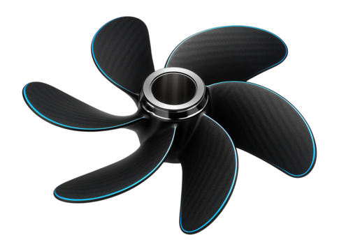 Composite boat pulling propeller with five curved blades and a central hub