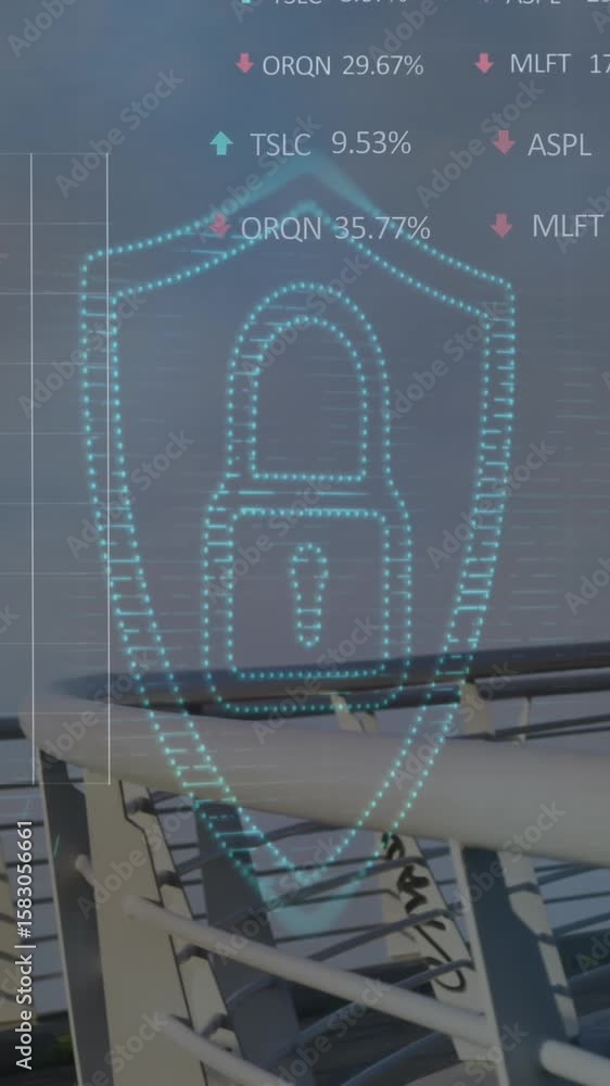 Aufkleber animation of padlock and data processing over caucasian man running in city
