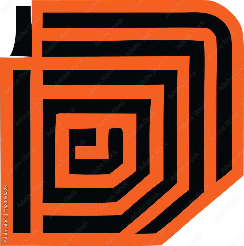 Poster abstract geometric pattern featuring interlocking black and orange stripes forming a maze like spira
