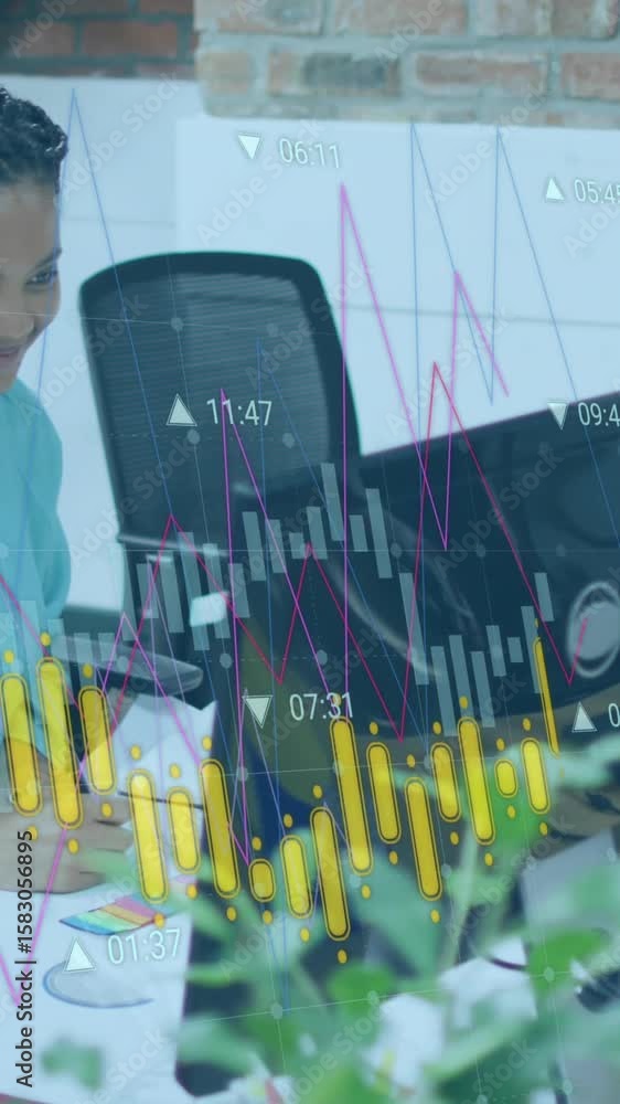 Poster animation of multiple graphs with changing numbers over woman preparing reports in office