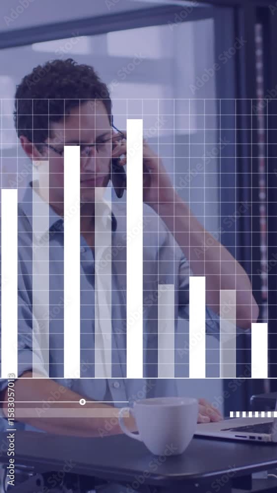 Aufkleber animation of digital data processing over caucasian businessman using smartphone in office