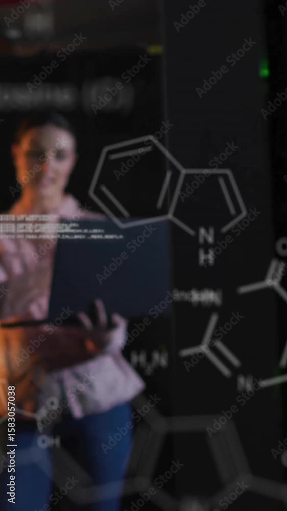 Aufkleber animation of data processing and chemical formula over diverse workers in server room