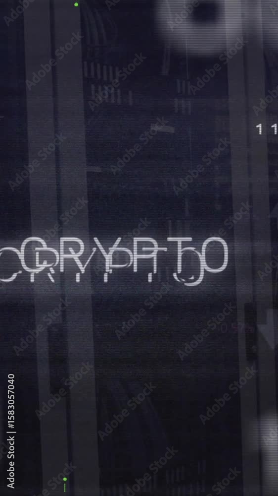 Poster animation of crypto text with connections and data processing over server room