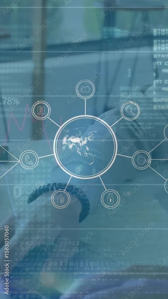 Poster animation of network of connections with icons over data processing and man using laptop
