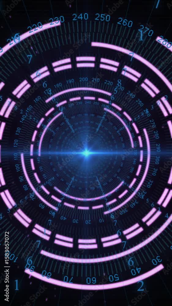 Poster animation of pink circular scanner, blue light and processing data on black background
