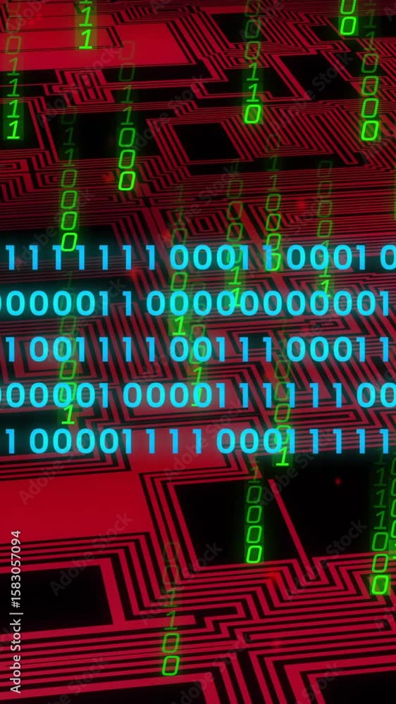 Poster animation of digital data processing binary coding over circuit board