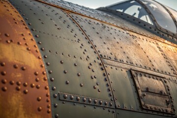 Detailed Close-Up of Vintage Aircraft Surface Showing Metal Rivets and Patina