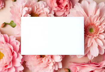 A blank business card mockup lying flat on flowers background, sharp edges, top-down view, ideal for personal branding or minimalist identity design.