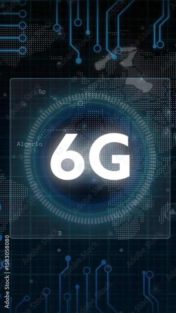 Poster animation of 6g text, scope scanning and digital data processing over black background