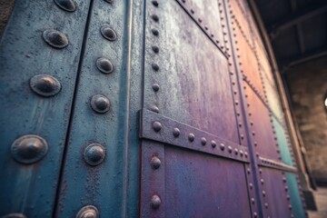 Close-up of Colorful Metal Door with Studs and Industrial Texture in Soft Light