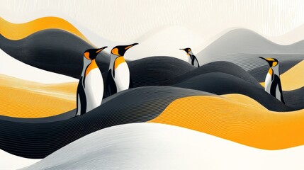 Emperor penguins observing the antarctic landscape: minimalist illustration