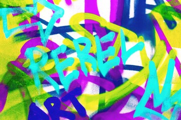 Bold graffiti abstract in neon blue, yellow, pink. Urban Y2K vibes, funky, vibrant colors. Posters,...