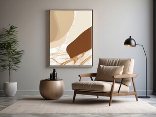 Beige lounge chair against marble wall with abstract poster. Minimalist home interior
