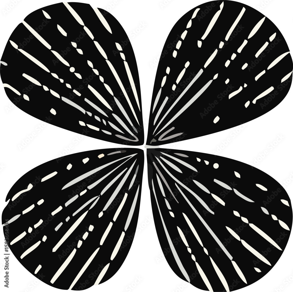 Poster abstract black and white four petal floral design with radiating lines and scattered oval shapes cre