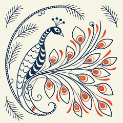 Elegant vector illustration of a peacock displaying colorful feathers in artistic decorative style