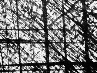Black and white abstract artwork featuring intricate lines and patterns on textured surface