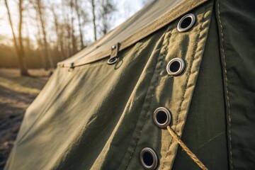 Close-up of Green Camping Tent Fabric with Grommets and Nature in Background