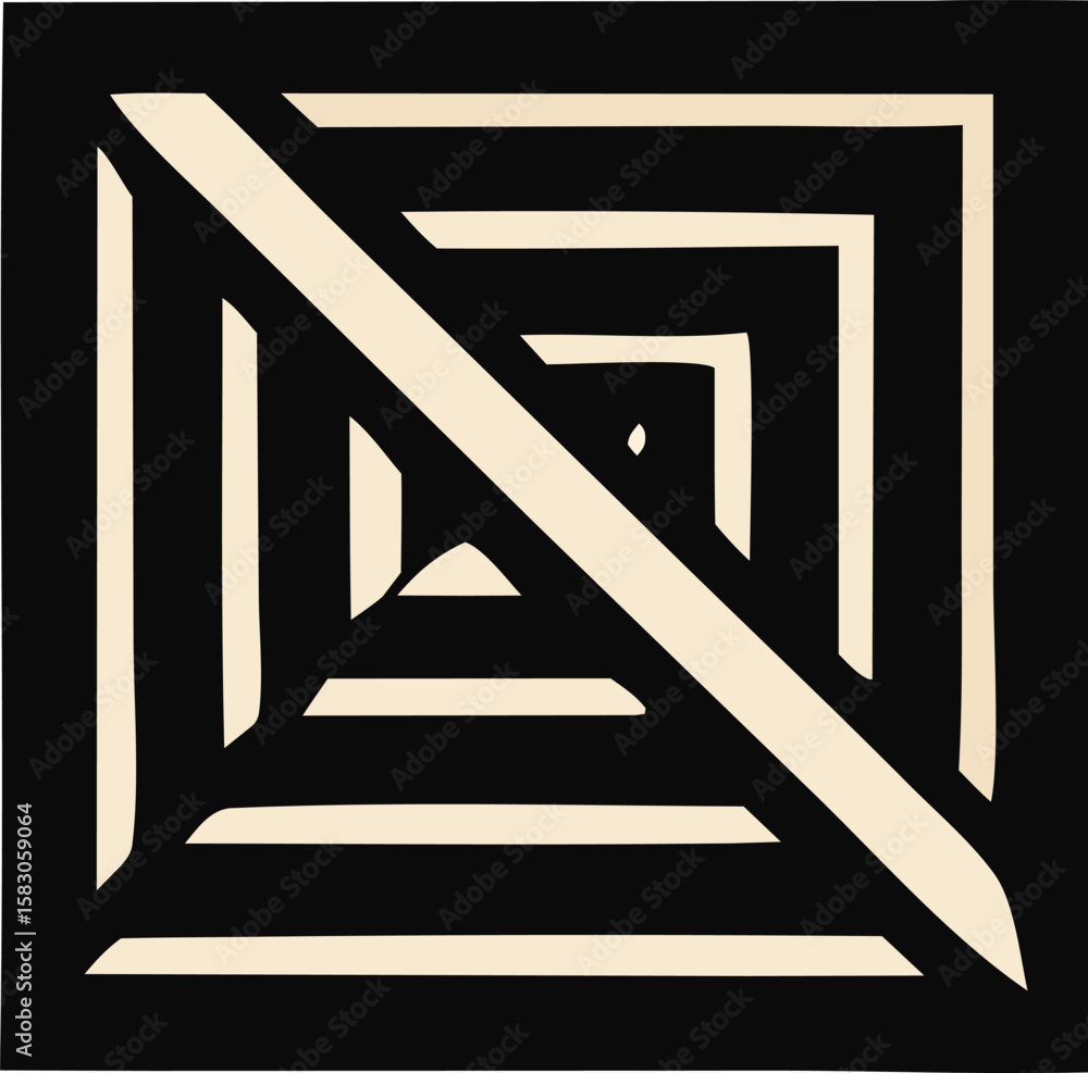 Poster abstract geometric pattern with a diagonal stripe intersecting concentric squares in black and cream