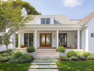 White house front porch with landscaping