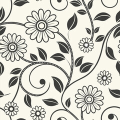 Floral swirl pattern decorative background design with chamomile flowers and leaf motifs in monochrome style