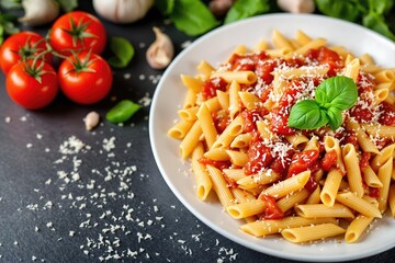 Classic penne pasta with tomato sauce, topped with grated parmesan cheese and a fresh basil leaf, served on a white plate.