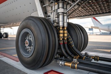 Detailed View of Aircraft Landing Gear, Hydraulics, and Tires on Airport Runway