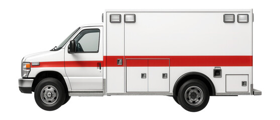 Boxy ambulance with white and red striping along the body