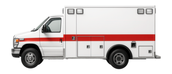 Boxy ambulance with white and red striping along the body