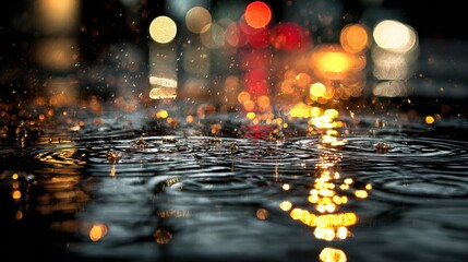 Fototapeta premium Rainy urban scene with water droplets and blurred city lights. The image evokes the essence of a wet night in the city