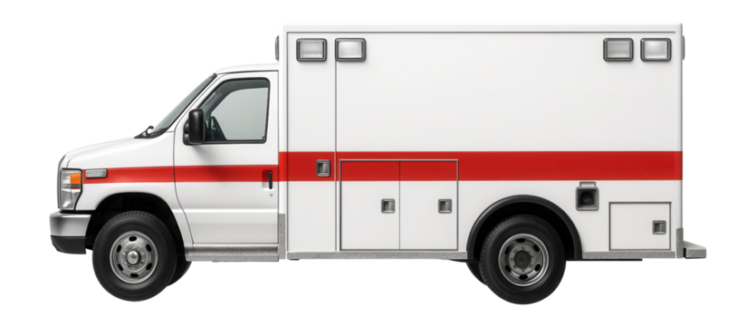 Boxy ambulance with white and red striping along the body