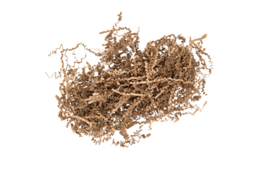 Brown box filler. Finely shredded kraft paper isolated on white background.