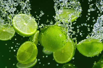 Dynamic splash of whole and sliced green limes in water, creating bubbles and movement on a dark background, symbolizing freshness and zest.