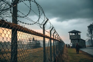 Prison Fence with Barbed Wire and Guard Tower Under Stormy Sky at Dusk