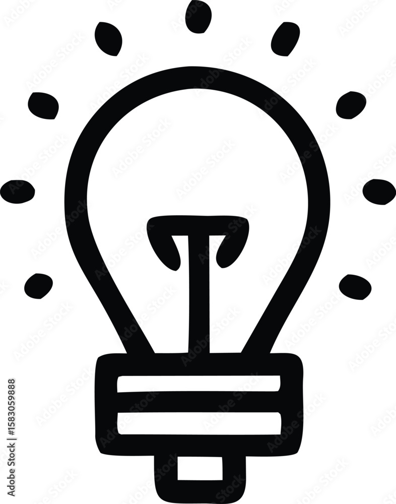 Poster a simple black outline drawing of a light bulb with rays of light emanating from its top