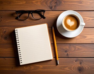 Vector Flat Lay of Home Office Desk with Notebook, Glasses, and Pencil — Workspace Top View Illustration
