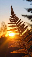 Golden Fern Leaf Silhouette Against Warm Sunset Glow