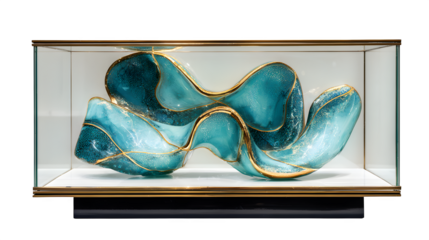 Teal and gold abstract sculpture in a glass case for modern art visuals, isolated on white background