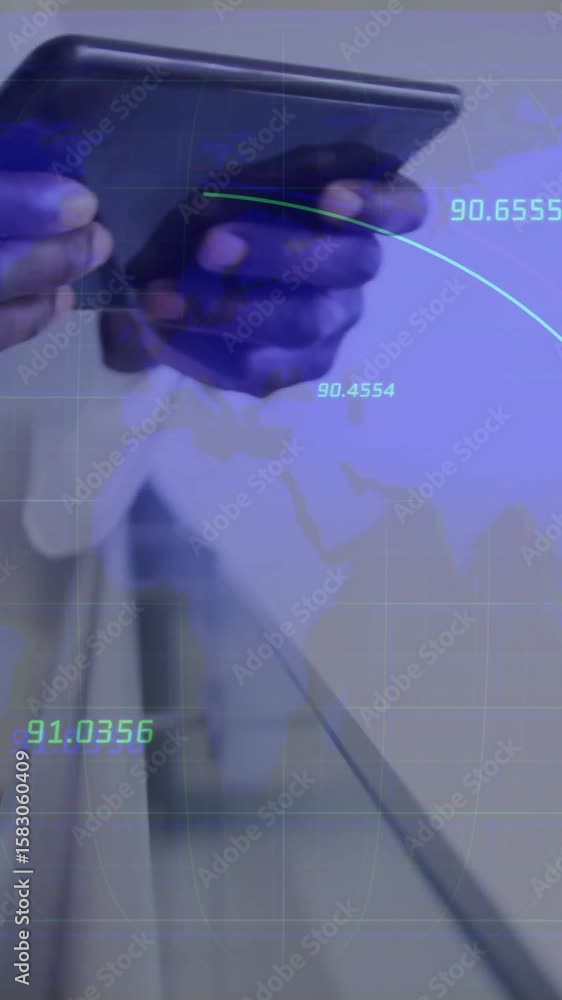 Poster animation of data processing and world map over male doctor using tablet