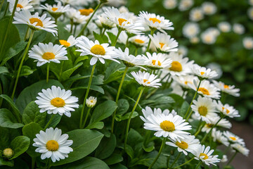 A lush display of white daisies with bright yellow centers fills the frame, their delicate petals radiating outward in perfect symmetry.