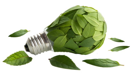 Sustainable Energy Concept Lightbulb Covered in Leaves Showcasing Eco-Friendly Energy and Environmental Consciousness on transparent background 