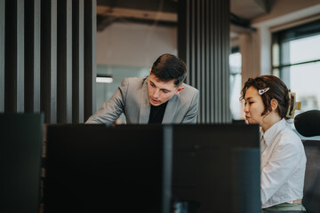 Two colleagues actively engage in a brainstorming session in a modern office setting, discussing...