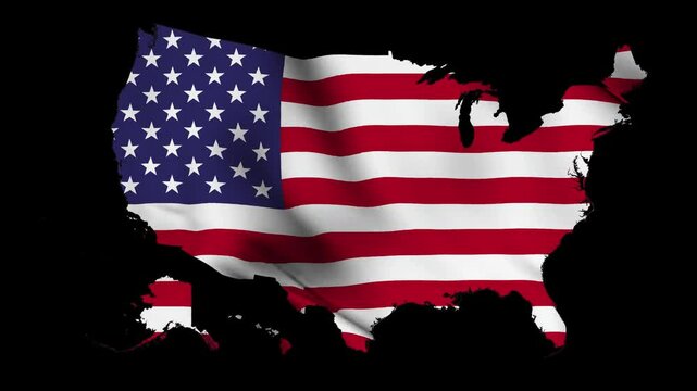 The USA country detailed map and flag waves in the wind.