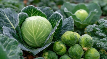 Fototapeta premium Fresh green cabbages growing in the garden, ready for harvest. The cabbages have a vibrant green color and are surrounded by lush leaves.